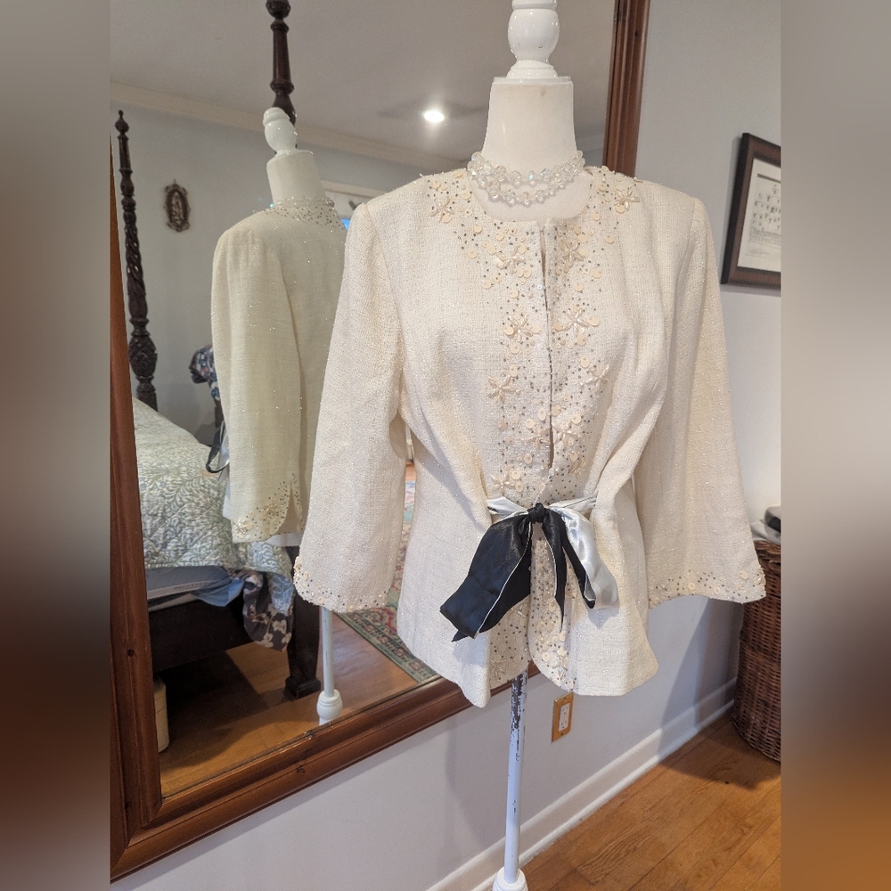 Sparkling Victor Costa Cream Embellished Peplum Blouse with Ribbon